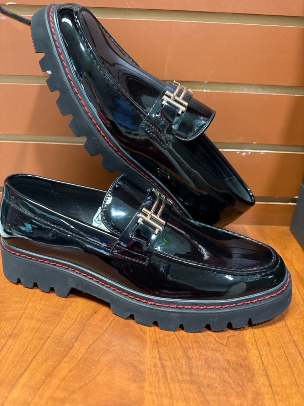 Milano Black Patent Loafers with Red Accent Stitching